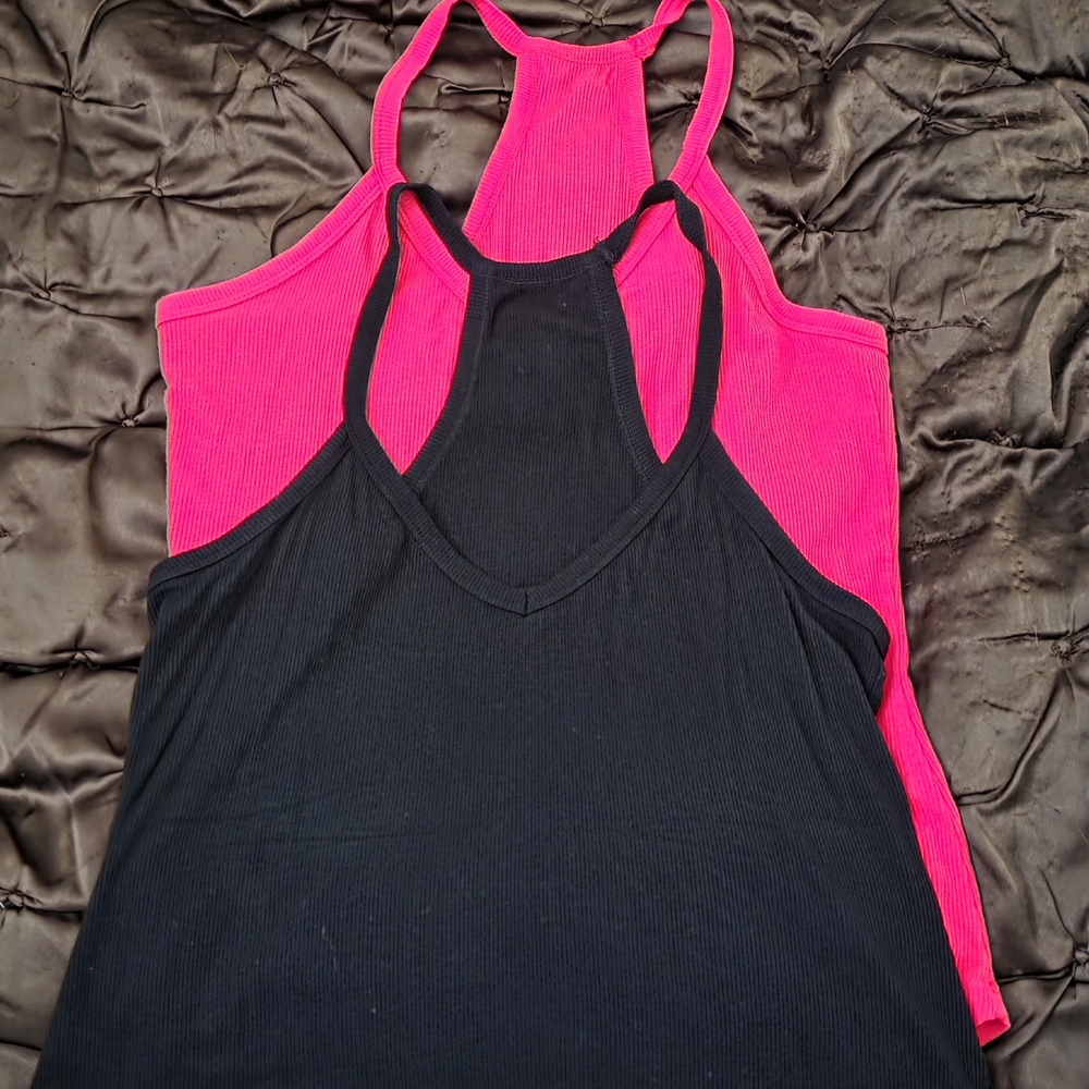 2 Women's Black and Red Ribbed Tank Tops